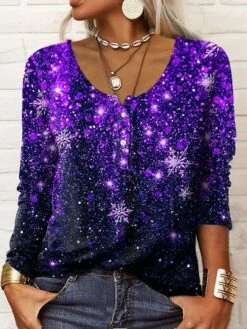 Women's T Shirt Tee Henley Shirt Maroon Grass Green White Galaxy Sparkly Button Print Long Sleeve Casual Weekend Basic Round Neck Regular Painting Plus Size L -LIGHTINTHEBOX Shop aaltaq1639473787281