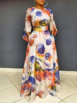 Women‘s Plus Size Curve Holiday Dress Floral Crew Neck Print 3/4 Length Sleeve Fall Spring Elegant Maxi Long Dress Formal Party Dress