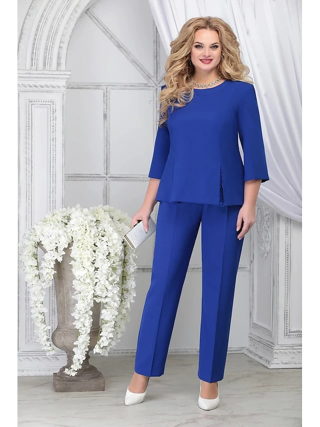 Women's Shirt Pants Sets Blue Solid Color Lace 3/4 Length Sleeve Business Daily Wear Basic Round Neck Regular Fit Spring &Fall 3 Women's Shirt Pants Sets Blue Solid Color Lace 3/4 Length Sleeve Business Daily Wear Basic Round Neck Regular Fit Spring &Fall