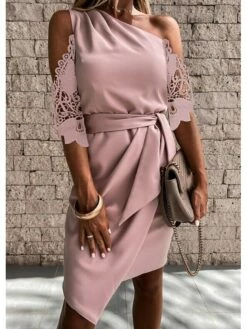Women's Party Dress Lace Dress Sheath Dress Midi Dress Pink Half Sleeve Pure Color Lace Spring Fall Autumn Cold Shoulder Personalized Loose Fit 2023 S M L XL