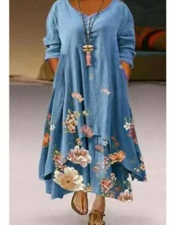 Women's Plus Size Curve Casual Dress Swing Dress Print Maxi Long Dress Long Sleeve Layered Asymmetric Crew Neck Vintage Daily Light Blue Blue Spring Fall L XL XXL XXXL 4XL