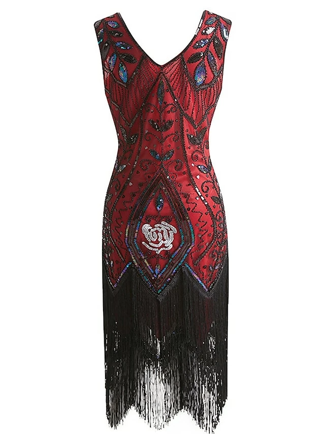 Women's Retro 1920s Fringe Dress Midi Dress Party Halloween Sequins Tassel Fringe Leaf V Neck Sleeveless Regular Fit Spring Fall 2023 Black Wine S M L XL 4 Women's Retro 1920s Fringe Dress Midi Dress Party Halloween Sequins Tassel Fringe Leaf V Neck Sleeveless Regular Fit Spring Fall 2023 Black Wine S M L XL - Image 2