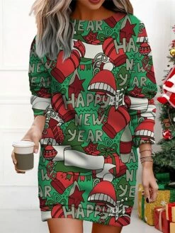 Women's Christmas Casual Dress Sweatshirt Dress Mini Dress Warm Fashion Outdoor Vacation Crew Neck Print Santa Claus Snowman Christmas Tree Loose Fit ArmyGreen Black Red S M L XL XXL -LIGHTINTHEBOX Shop acdcdn1695365366634