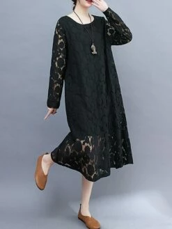 Women's Work Dress Lace Dress Black Dress Fashion Midi Dress Lace Pocket Crew Neck Long Sleeve Plain Loose Fit Black White Pink Fall M L XL XXL 3XL -LIGHTINTHEBOX Shop achtgz1693281255088