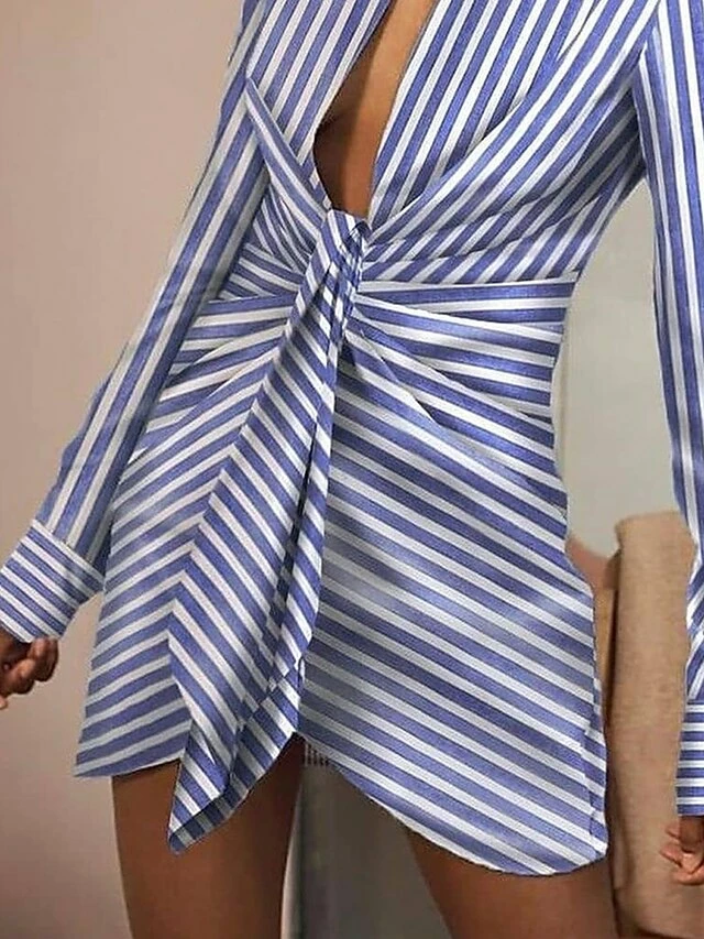 Women's Shirt Dress Casual Dress Bodycon Mini Dress Outdoor Daily Vacation Polyester Casual Shirt Collar Lace Up Long Sleeve Summer Spring Fall 2023 Regular Fit Blue Striped S M L XL 5 Women's Shirt Dress Casual Dress Bodycon Mini Dress Outdoor Daily Vacation Polyester Casual Shirt Collar Lace Up Long Sleeve Summer Spring Fall 2023 Regular Fit Blue Striped S M L XL - Image 3