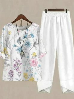 Women's Shirt Pants Sets Blue Purple Green Floral Print Half Sleeve Holiday Weekend Basic Round Neck Regular Fit Fall & Winter