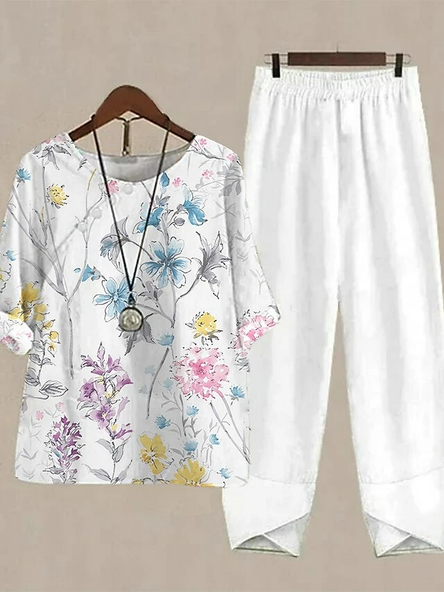 Women's Shirt Pants Sets Blue Purple Green Floral Print Half Sleeve Holiday Weekend Basic Round Neck Regular Fit Fall & Winter 3 Women's Shirt Pants Sets Blue Purple Green Floral Print Half Sleeve Holiday Weekend Basic Round Neck Regular Fit Fall & Winter