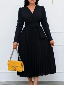 Women's Work Dress Sheath Dress Swing Dress Fashion Winter Dress Office Daily Midi Dress Lace Up Pleated V Neck Long Sleeve Plain Regular Fit Black Yellow Pink Fall Winter S M L XL XXL -LIGHTINTHEBOX Shop adnyrb1695027366979