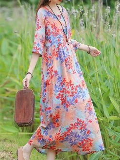 Women's Casual Dress Cotton Linen Dress Swing Dress Midi Dress Linen / Cotton Blend Sweet Style Modern Outdoor Daily Holiday Crew Neck Print 3/4 Length Sleeve Fall Winter Autumn 2023 Loose Fit Yellow -LIGHTINTHEBOX Shop adsltn1693553156168