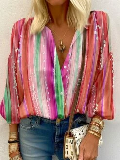 Women's Shirt Blouse Red Blue Green Striped Button Print Long Sleeve Casual Fashion Standing Collar Regular Fit Spring &Fall