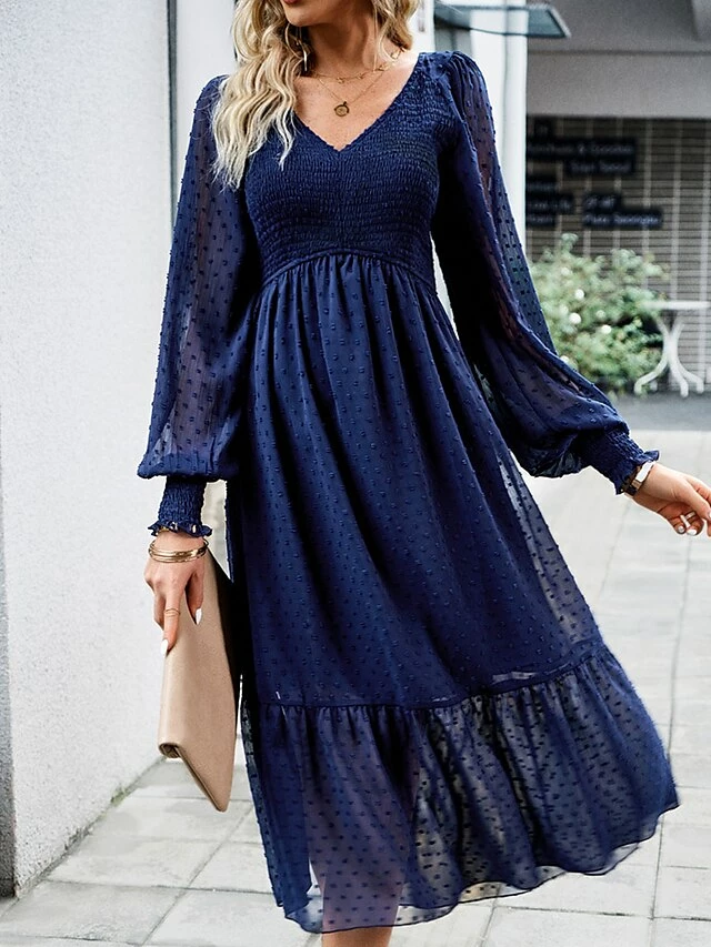 Women's Casual Dress Black Dress Plain Dress Midi Dress Ruched Street Daily Holiday Fashion Streetwear V Neck Long Sleeve 2023 Slim Black Blue Dark Blue Color S M L XL Size 6 Women's Casual Dress Black Dress Plain Dress Midi Dress Ruched Street Daily Holiday Fashion Streetwear V Neck Long Sleeve 2023 Slim Black Blue Dark Blue Color S M L XL Size - Image 4