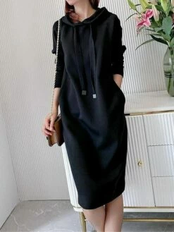 Women's Casual Dress Hoodie Dress Midi Dress Active Daily Outdoor Going Out Weekend Hoodie Pocket Solid Color Loose Fit Black Pink Green M L XL XXL 3XL -LIGHTINTHEBOX Shop aenhgt1694427874105