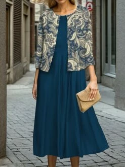 Women's Two Piece Dress Set Casual Dress Swing Dress Outdoor Office Fashion Streetwear Print Midi Dress Crew Neck 3/4 Length Sleeve Leaf Regular Fit Navy Blue Brown Khaki Fall Winter S M L XL XXL -LIGHTINTHEBOX Shop afmhoi1697524428126
