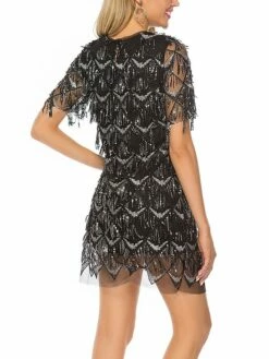 Women‘s Party Dress Fringe Dress Sequin Dress Homecoming Dress Mini Dress Black Champagne Short Sleeve Pure Color Sparkly Glitter Sequins Spring Fall Winter Crew Neck Fashion Winter Dress -LIGHTINTHEBOX Shop afqpft1692690729888