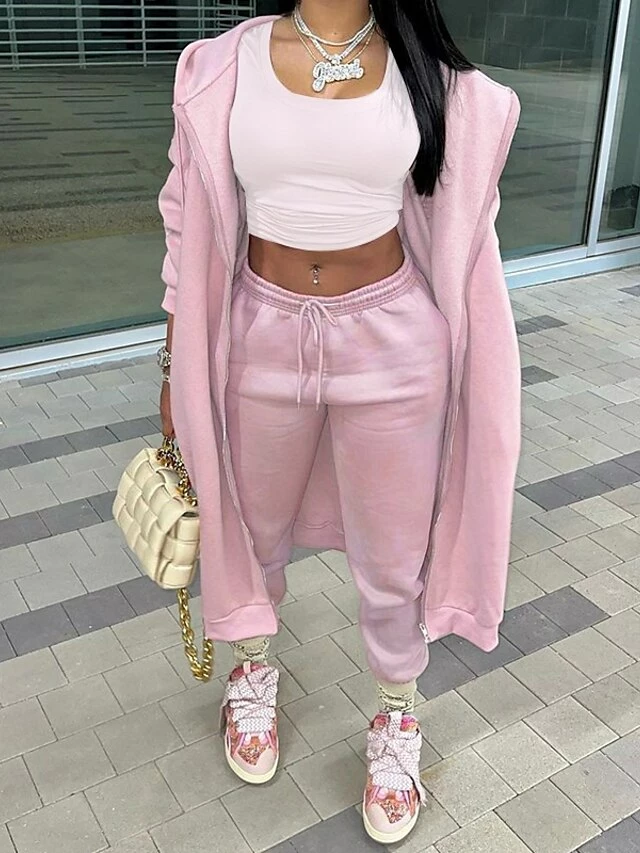 Women's Tracksuit Pants Sets Pink Brown Solid Color Zipper Drawstring Long Sleeve Going Out Casual Daily Fashion Streetwear Hooded Loose Fit Spring Fall & Winter 3 Women's Tracksuit Pants Sets Pink Brown Solid Color Zipper Drawstring Long Sleeve Going Out Casual Daily Fashion Streetwear Hooded Loose Fit Spring Fall & Winter