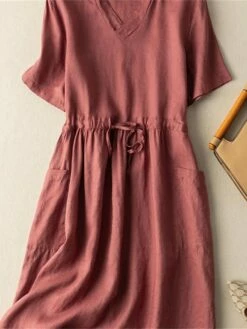 Women's Casual Dress Cotton Linen Dress A Line Dress Midi Dress Cotton Blend Basic Casual Outdoor Vacation Shirt Collar Pocket Short Sleeve Summer Spring 2023 Regular Fit Red Green Gray Plain M L XL -LIGHTINTHEBOX Shop agwwtu1682673454631