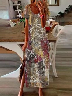 Women's Long Dress Maxi Dress Casual Dress Print Dress Graphic Floral Color Block Fashion Modern Daily Holiday Vacation Print Short Sleeve V Neck Dress Regular Fit Light Pink White Yellow Summer -LIGHTINTHEBOX Shop agyccf1683717215452