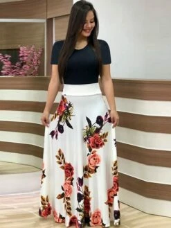 Women's Shift Dress Maxi Long Dress White Black Red Blushing Pink Green Short Sleeve Floral Patchwork Print Fall Winter Round Neck Hot Chinoiserie Batwing Sleeve Cotton 2021 S M L XL XXL -LIGHTINTHEBOX Shop ahazzo1599205789093