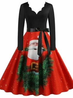 Women's Christmas Casual Dress Swing Dress Midi Dress Green Wine Light Red Fuchsia Red Long Sleeve Santa Claus Elk Bow Print Winter Fall V Neck Vacation Vintage 2022 S M L XL XXL 3XL -LIGHTINTHEBOX Shop ahmezd1666761909404