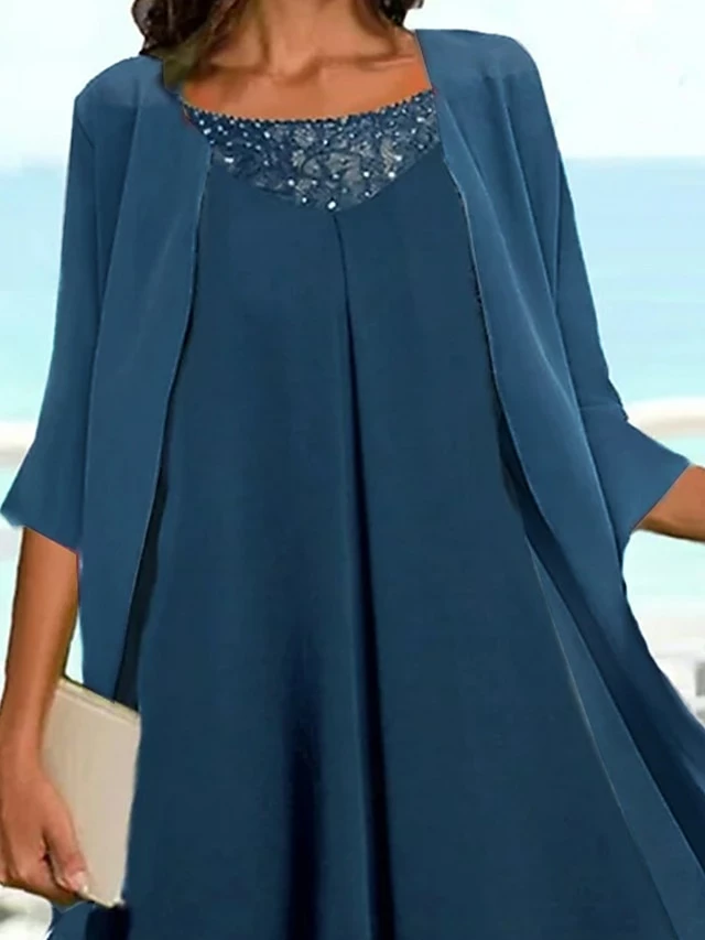 Women's Two Piece Dress Set Casual Dress Chiffon Dress Outdoor Daily Fashion Elegant Layered Midi Dress Crew Neck 3/4 Length Sleeve Plain Regular Fit Navy Blue Fall Winter S M L XL XXL 4 Women's Two Piece Dress Set Casual Dress Chiffon Dress Outdoor Daily Fashion Elegant Layered Midi Dress Crew Neck 3/4 Length Sleeve Plain Regular Fit Navy Blue Fall Winter S M L XL XXL - Image 2