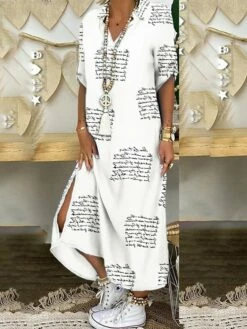 Women's Shirt Dress Swing Dress Maxi Long Dress Outdoor Daily Vacation Cotton Linen Stylish Modern Shirt Collar Split Print Short Sleeve Summer Spring 2023 Loose Fit Black Red Blue Geometric Letter -LIGHTINTHEBOX Shop aikyvt1642499784564