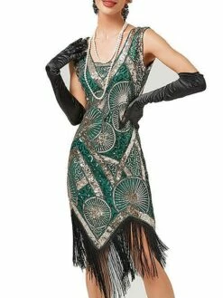 Women's Retro 1920s Fringe Dress Midi Dress Party Halloween Sequins Tassel Fringe Geometric V Neck Sleeveless Regular Fit Spring Fall 2023 Black Red XS S M L -LIGHTINTHEBOX Shop aiytuk1692947261453