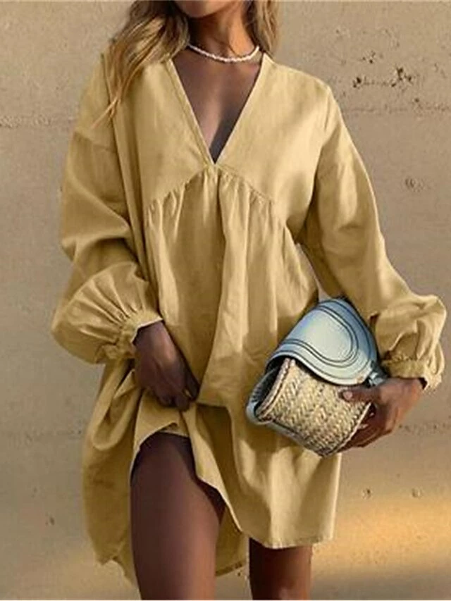 Women's Casual Dress Cotton Linen Dress Mini Dress Cotton Basic Classic Outdoor Daily Vacation V Neck Basic Long Sleeve Summer Spring Fall 2023 Loose Fit Yellow Red Blue Plain S M L XL 2XL 6 Women's Casual Dress Cotton Linen Dress Mini Dress Cotton Basic Classic Outdoor Daily Vacation V Neck Basic Long Sleeve Summer Spring Fall 2023 Loose Fit Yellow Red Blue Plain S M L XL 2XL - Image 4
