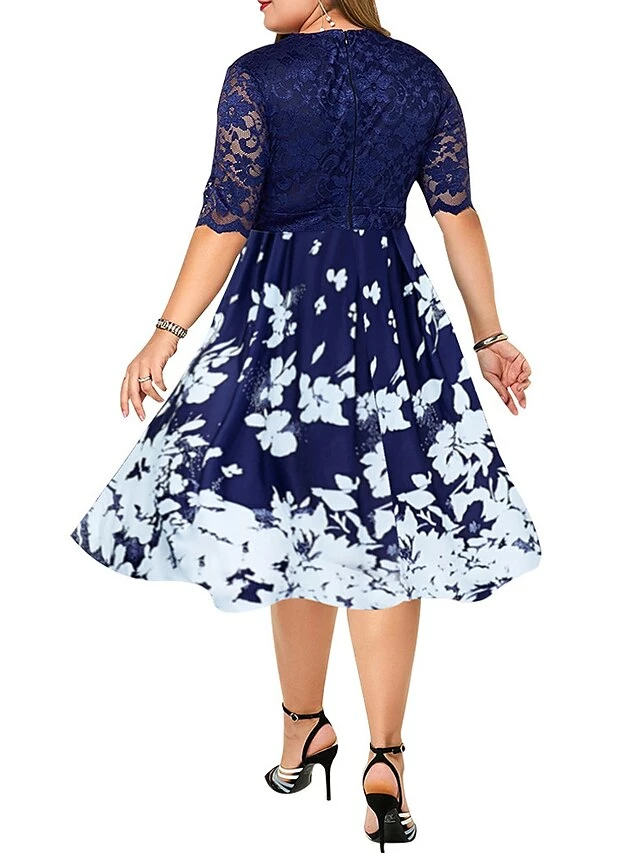 Women‘s Plus Size Curve Party Dress Floral V Neck Lace Half Sleeve Fall Spring Work Vintage Midi Dress Daily Vacation Dress Homecoming Dress Print 5 Women‘s Plus Size Curve Party Dress Floral V Neck Lace Half Sleeve Fall Spring Work Vintage Midi Dress Daily Vacation Dress Homecoming Dress Print - Image 3