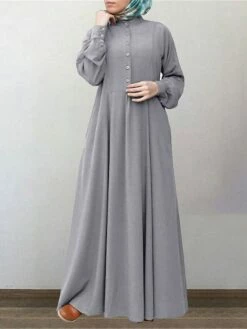 Women's Work Dress Swing Dress Semi Formal Dress Fashion Long Dress Maxi Dress Ruched Button Crew Neck Long Sleeve Plain Loose Fit Wine Blue Green Fall Winter S M L XL XXL