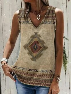 Women's Tank Top Brown Beige Gray Owl Tribal Print Sleeveless Daily Weekend Vintage Ethnic Round Neck Regular Fit Geometric Painting Sleeveless