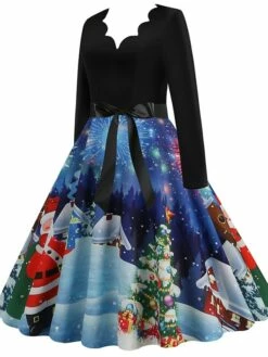 Women's Christmas Casual Dress Swing Dress Midi Dress Blue Purple Royal Blue Light Blue White Long Sleeve Santa Claus Elk Tree Bow Print Winter Fall V Neck Vacation Vintage 2022 S M L XL -LIGHTINTHEBOX Shop akkjil1666927315283