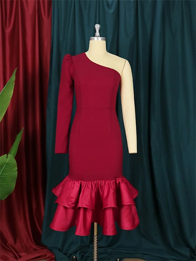 Women's Plus Size Curve Party Dress Bodycon Sheath Dress Plain Midi Dress Long Sleeve Ruffle One Shoulder Fashion Party Wine Fall Winter XL XXL 3XL 4XL 4 Women's Plus Size Curve Party Dress Bodycon Sheath Dress Plain Midi Dress Long Sleeve Ruffle One Shoulder Fashion Party Wine Fall Winter XL XXL 3XL 4XL - Image 2