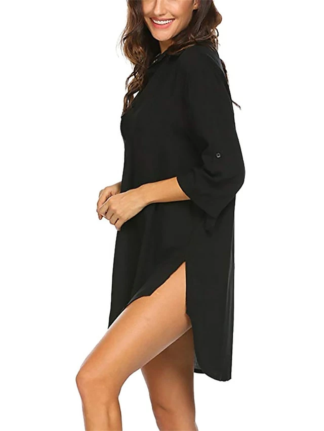 Women's Shirt Dress Cover Up Beach Wear Mini Dress Pocket Split Basic Casual Plain Turndown 3/4 Length Sleeve Loose Fit Outdoor Daily Black 2023 Summer Spring S M L XL 5 Women's Shirt Dress Cover Up Beach Wear Mini Dress Pocket Split Basic Casual Plain Turndown 3/4 Length Sleeve Loose Fit Outdoor Daily Black 2023 Summer Spring S M L XL - Image 3