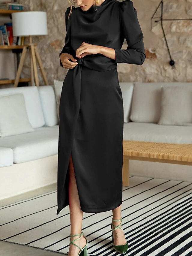 Women's Work Dress Satin Dress Semi Formal Dress Fashion Long Dress Maxi Dress Split Stand Collar Long Sleeve Plain Regular Fit Black Blue Sky Blue Fall Winter S M L XL 16 Women's Work Dress Satin Dress Semi Formal Dress Fashion Long Dress Maxi Dress Split Stand Collar Long Sleeve Plain Regular Fit Black Blue Sky Blue Fall Winter S M L XL - Image 14