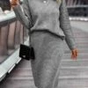 Women's Two Piece Dress Set Casual Dress Skirt Set Outdoor Daily Fashion Streetwear Ribbed Midi Dress Stand Collar Long Sleeve Plain Loose Fit Khaki Gray Fall Winter S M L XL XXL -LIGHTINTHEBOX Shop ammols1693534948592