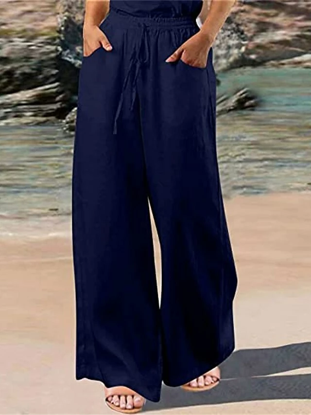 Women's Wide Leg Linen Pants Pants Trousers Full Length Linen / Cotton Blend Pocket Baggy Micro-elastic Mid Waist Fashion Streetwear Daily Daily Wear Claret Navy S M Summer Spring 7 Women's Wide Leg Linen Pants Pants Trousers Full Length Linen / Cotton Blend Pocket Baggy Micro-elastic Mid Waist Fashion Streetwear Daily Daily Wear Claret Navy S M Summer Spring - Image 5