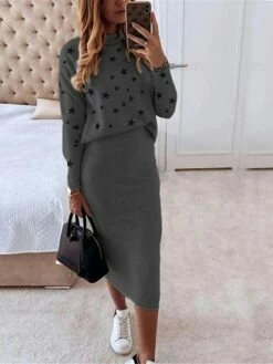 Women's Two Piece Dress Set Casual Dress Skirt Set Daily Date Streetwear Casual Print Midi Dress Turtleneck Long Sleeve Star Regular Fit White Red Navy Blue Fall Winter S M L XL -LIGHTINTHEBOX Shop amudxz1695364272971