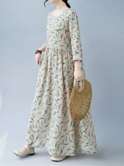 Women's Casual Dress Linen Dress Swing Dress Maxi Long Dress Linen Fashion Modern Outdoor Daily Holiday Crew Neck Print Long Sleeve Fall Winter Autumn 2023 Loose Fit Apricot Flower L XL 2XL -LIGHTINTHEBOX Shop amykdg1693553155499