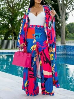 Women's Pants Sets Cape Multicolor Printing Print Long Sleeve Casual Holiday Fashion Strap Regular Fit Spring &Fall