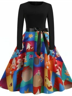 Women's Christmas Swing Dress Vintage Dress Midi Dress Green Blue Light Green Long Sleeve Santa Claus Bow Winter Fall Autumn Crew Neck Fashion Daily Date 2022 S M L XL XXL 3XL -LIGHTINTHEBOX Shop anrnew1667894614476