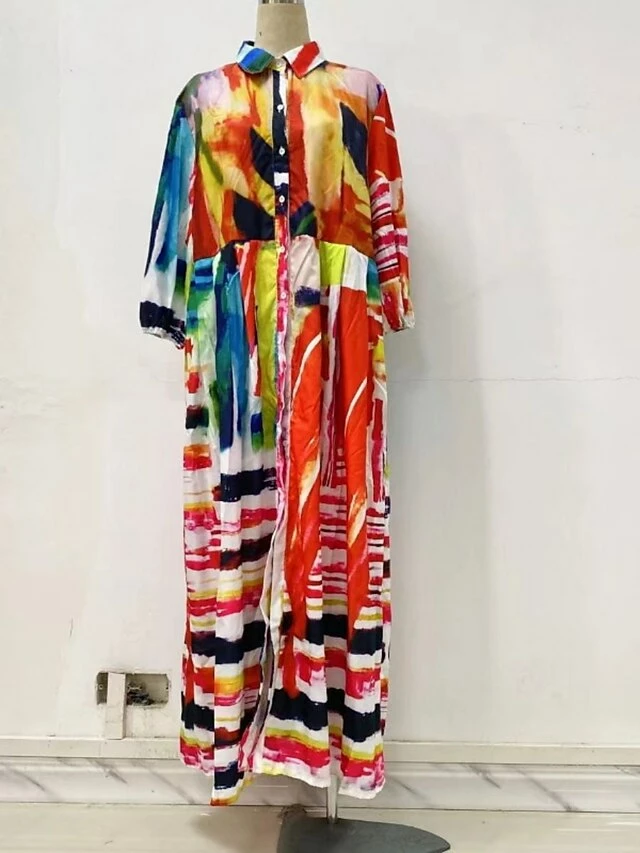 Women's Casual Dress Swing Dress A Line Dress Color Block Print Button Print Shirt Collar Long Dress Maxi Dress Active Fashion Outdoor Daily Long Sleeve Regular Fit Rainbow Spring Fall S M L XL XXL 4 Women's Casual Dress Swing Dress A Line Dress Color Block Print Button Print Shirt Collar Long Dress Maxi Dress Active Fashion Outdoor Daily Long Sleeve Regular Fit Rainbow Spring Fall S M L XL XXL - Image 2