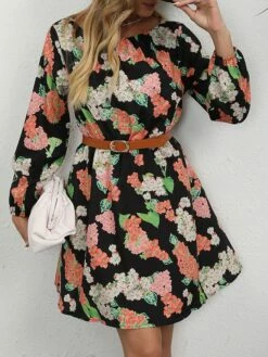 Women's Work Dress A Line Dress Fashion Mini Dress Print Crew Neck Long Sleeve Floral Loose Fit Red Blue Orange Fall S M L XL XXL -LIGHTINTHEBOX Shop apgeab1693300570793