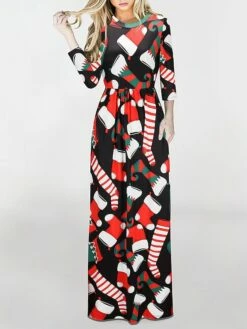 Womenâs Christmas Holiday Casual Vintage Dress Long Dress Maxi Dress Party Ruched Patchwork Santa Claus Crew Neck Long Sleeve Regular Fit Fall Winter 2023 Black White S M L XL
