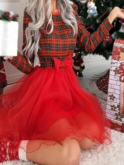 Womenâs Christmas Casual Dress Swing Dress Mini Dress Red Long Sleeve Plaid Mesh Winter Fall Autumn Crew Neck Modern Daily 2022 S M L XL