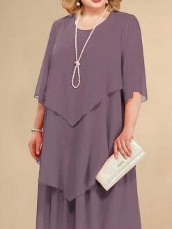 Women's Plus Size Curve Party Dress Work Dress Wedding Guest Dress Midi Dress Light Purple Half Sleeve Pure Color Layered Spring Fall Winter Crew Neck Fashion Winter Dress Evening Party Wedding Guest -LIGHTINTHEBOX Shop aqhiar1692857420719