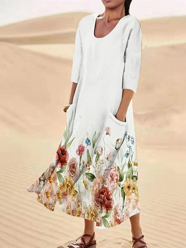 Women's Casual Dress Cotton Linen Dress Midi Dress Polyester Fashion Casual Daily Outdoor Daily Vacation Crew Neck Pocket Print Half Sleeve Summer Spring Fall 2023 Loose Fit ArmyGreen White Red Leaf 5 Women's Casual Dress Cotton Linen Dress Midi Dress Polyester Fashion Casual Daily Outdoor Daily Vacation Crew Neck Pocket Print Half Sleeve Summer Spring Fall 2023 Loose Fit ArmyGreen White Red Leaf - Image 3