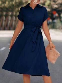 Women's Shirt Dress Casual Dress Midi Dress Outdoor Daily Date Polyester Casual Classic Shirt Collar Lace Up Ruched Short Sleeve Summer Spring 2023 Loose Fit Black Blue Rose Red Plain S M L XL -LIGHTINTHEBOX Shop arfofx1677739297404