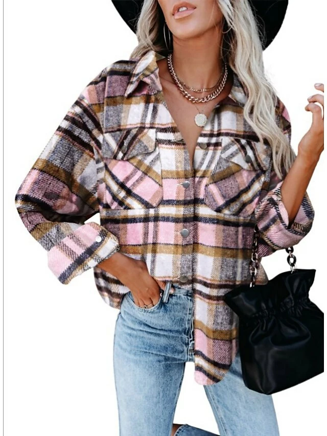 Women's Blouse Shacket Pink Red Blue Plaid Button Pocket Print Long Sleeve Casual Fashion Shirt Collar Regular Fit Spring &Fall 15 Women's Blouse Shacket Pink Red Blue Plaid Button Pocket Print Long Sleeve Casual Fashion Shirt Collar Regular Fit Spring &Fall - Image 13