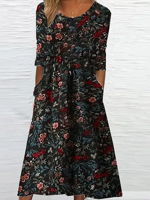 Women's Casual Dress Ethnic Dress Shift Dress Midi Dress Yellow Navy Blue 3/4 Length Sleeve Floral Ruched Summer Spring Crew Neck Fashion 2023 S M L XL XXL 3XL 4XL 5XL 4 Women's Casual Dress Ethnic Dress Shift Dress Midi Dress Yellow Navy Blue 3/4 Length Sleeve Floral Ruched Summer Spring Crew Neck Fashion 2023 S M L XL XXL 3XL 4XL 5XL - Image 2