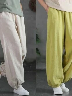 Women's Sweatpants Linen Pants Pants Trousers Full Length Vacation Vintage Street Daily Light Yellow Black M L Fall Winter